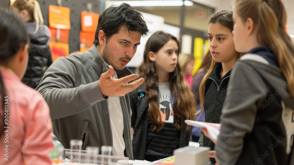 Students Presenting Science Fair Projects to Judges and Spectators Students Presenting Science Fair Projects to Judges and Spectators