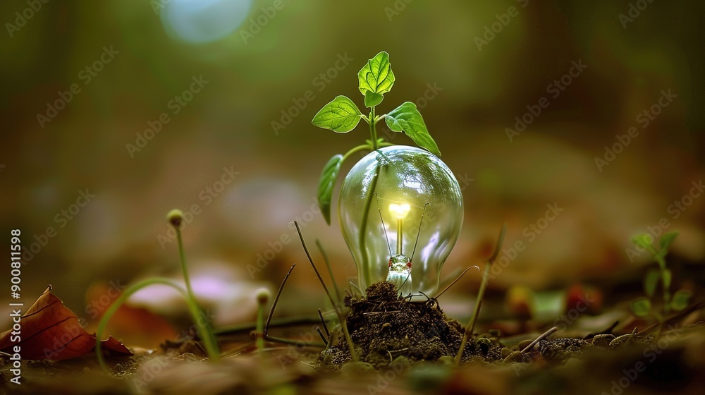 Small Plant Growing Inside Clear Light Bulb On Forest Floor Small Plant Growing Inside Clear Light Bulb On Forest Floor