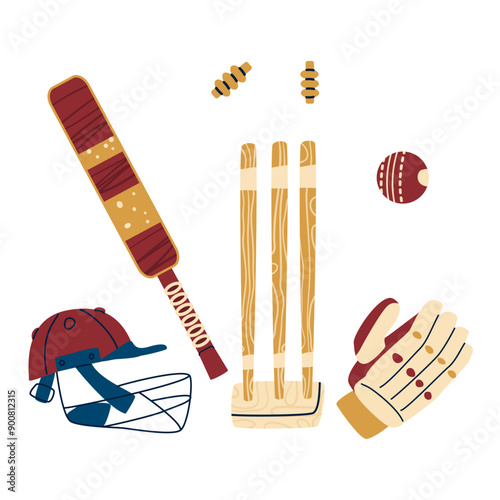 Cricket equipment set. Bat, ball and wicket bails with helmet and cricket glove kit. Vector hand drawn flat collection illustration isolated on white background.