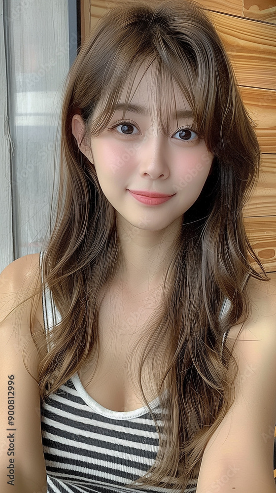 白と黒のボーダーのタンクトップを着ている女性