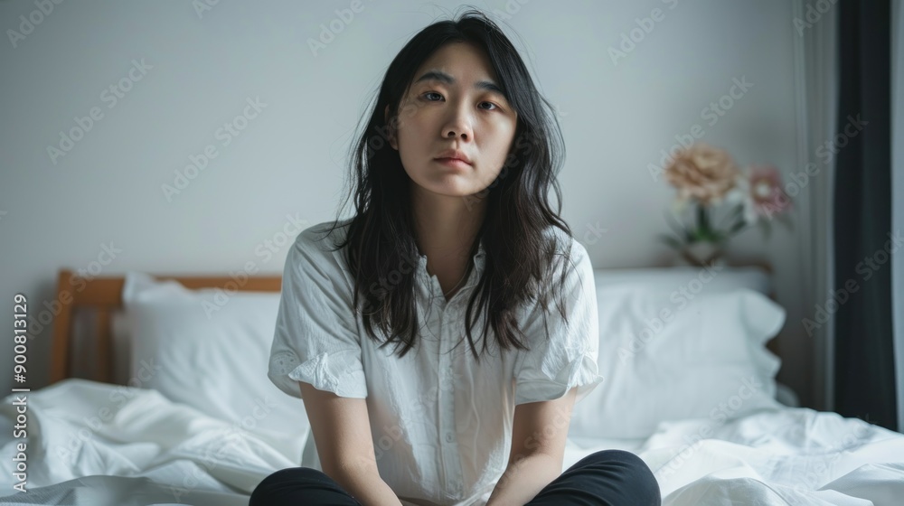 Young Woman Sitting on Bed, Looking Pensively Young Woman Sitting on Bed, Looking Pensively