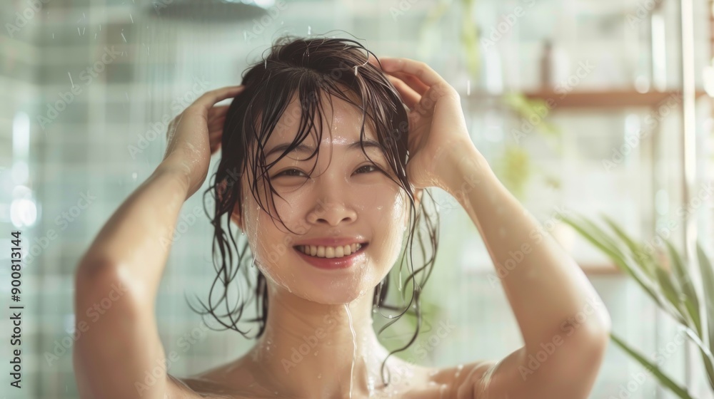 Woman Smiling in Shower with Water Drops on Skin and Hair Woman Smiling in Shower with Water Drops on Skin and Hair