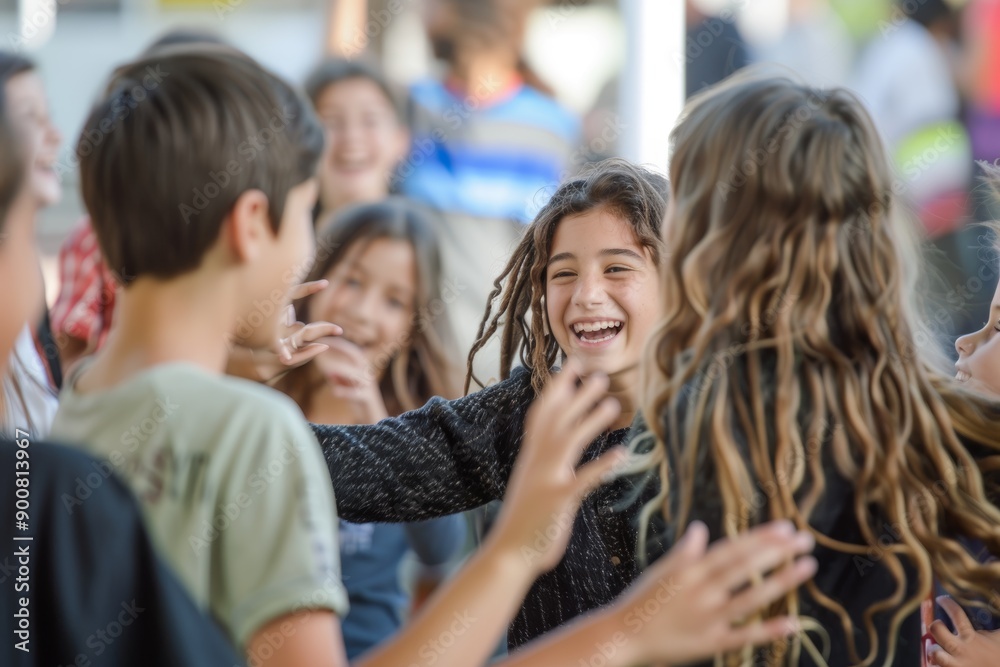 Joyful School Event: Students Celebrating and Dancing Together in Circle Joyful School Event: Students Celebrating and Dancing Together in Circle