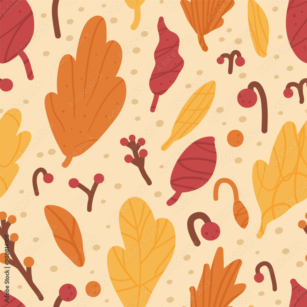 Obraz premium Seamless autumn pattern with colorful leaves and berries on a beige background. Fall forest repeat background. Vector hand drawn illustration.