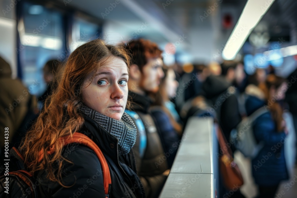A woman, standing in a crowded train station, looks ahead determinedly, amidst a backdrop of bustling commuters and vibrant station activity, symbolizing urban life's hustle. A woman, standing in a crowded train station, looks ahead determinedly, amidst a backdrop of bustling commuters and vibrant station activity, symbolizing urban life's hustle.
