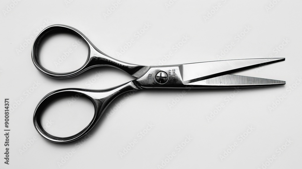 This image features a close-up view of precision haircutting scissors, highlighting their sleek and sharp metallic blades and ergonomic design, essential tools for professional barber and hairstyling This image features a close-up view of precision haircutting scissors, highlighting their sleek and sharp metallic blades and ergonomic design, essential tools for professional barber and hairstyling