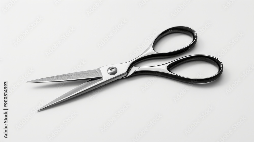 This image displays a pair of ergonomic haircut scissors with black handles, positioned on a white background, emphasizing their sharp blades and sleek design for professional hairdressing.