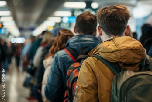 Back view photo of people wearing backpacks while standing in line, highlighting typical queue behavior and casual style, making it a fitting stock image selection.