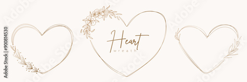 Set of drawn gold floral heart wreath and leaves. Flower branch botanical frame for monogram, wedding logo, invitation, postcard, and more. Vintage ornament illustration isolated on white background.