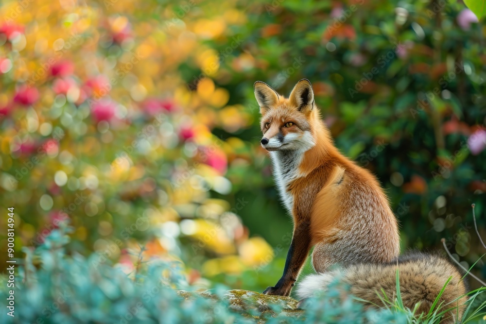 Naklejka premium A striking red fox sits gracefully amidst a vibrant and colorful autumn forest background, displaying the serenity and beauty of wildlife in nature.
