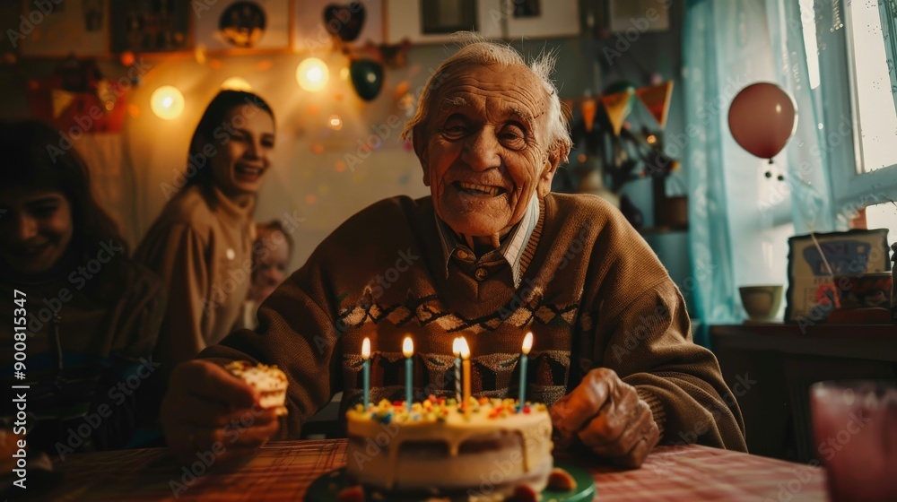 An old man celebrates his birthday, surrounded by family and friends, enjoying a jubilant moment with a beautifully decorated cake, colorful lights, and laughter. An old man celebrates his birthday, surrounded by family and friends, enjoying a jubilant moment with a beautifully decorated cake, colorful lights, and laughter.