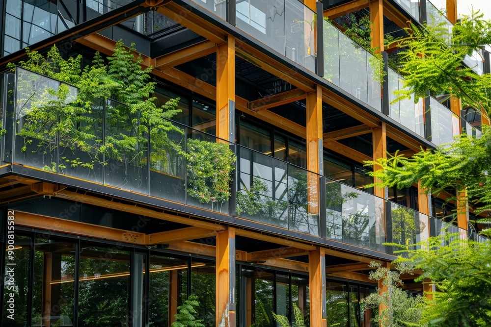 Obraz premium A contemporary building facade featuring large glass panels and balconies decorated with lush greenery, combining modern architecture and nature harmoniously. Epitomizes sustainable design.