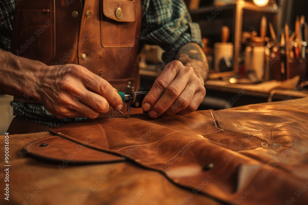 Obraz premium Artisan sewing leather in workshop with precision tools and focus
