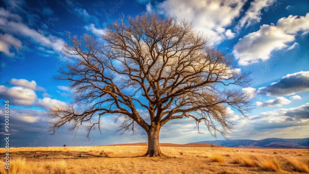 Barren Tree Stands Alone Against Dramatic Skies in a Dry Landscape. Generative AI Barren Tree Stands Alone Against Dramatic Skies in a Dry Landscape. Generative AI