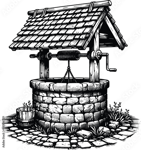 Old Vintage Water Well black and white illustration on transparent background. The Old Water Well rounded by stone is suitable for printing on children's books, t-shirts, stumps, bags, mugs, ect.