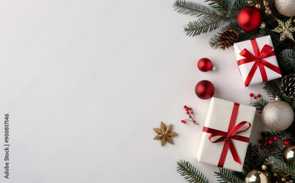 Christmas Ornaments and Gifts on Grey Background Christmas Ornaments and Gifts on Grey Background