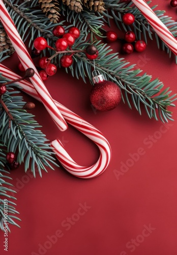 Christmas Decorations on Red Background