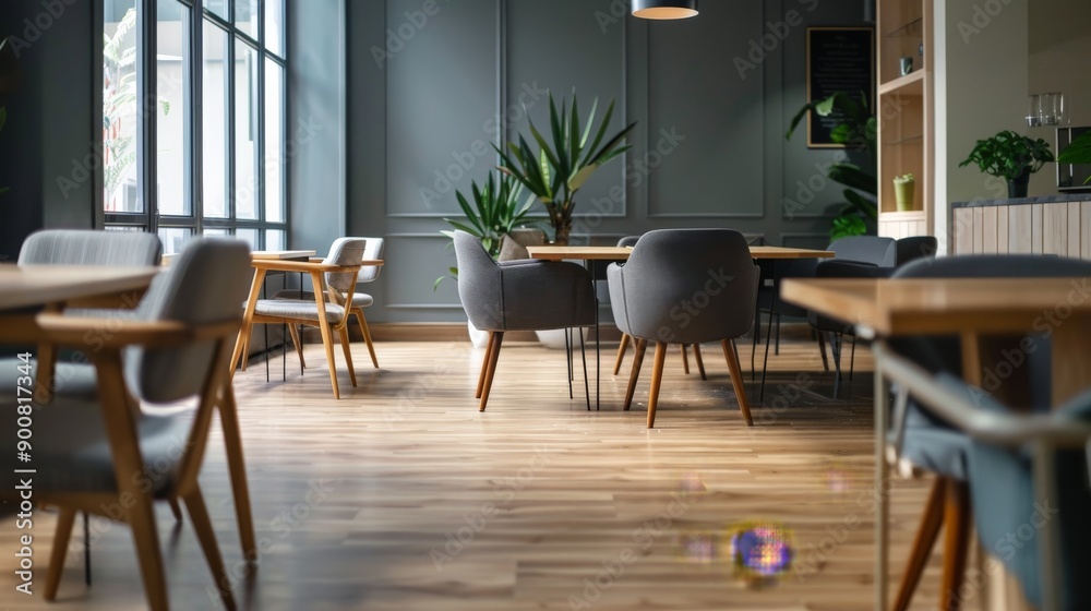 Fototapeta premium Dining area with plenty of natural light from large windows, featuring modern furniture and greenery, providing a cheerful atmosphere for meals and social gatherings.