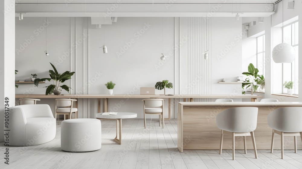 Open workspace that embraces minimalism through light wood furniture, neutral color palette, natural light, plants, creating a serene and productive environment for creative work. Open workspace that embraces minimalism through light wood furniture, neutral color palette, natural light, plants, creating a serene and productive environment for creative work.