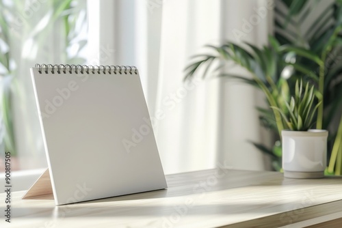 Bright and sunny workspace showcasing a white desk adorned with green plants and a blank spiral calendar stand, creating a clean and inspiring area for productivity and creativity.