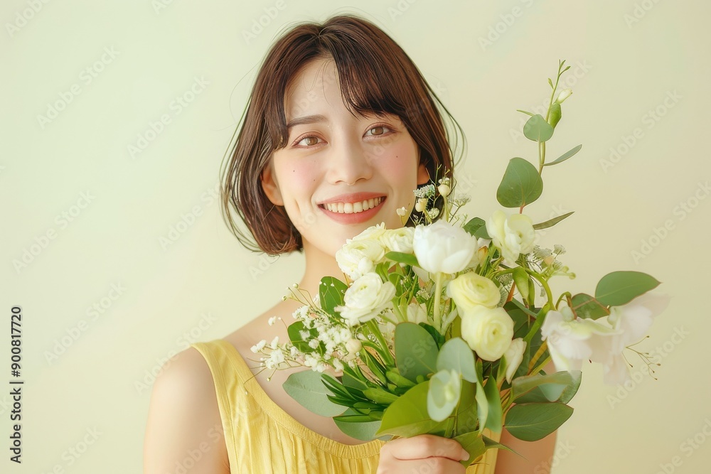 花束を持つ笑顔の清楚な日本人女性(ポートレート・デザイナー・綺麗・30代) 花束を持つ笑顔の清楚な日本人女性(ポートレート・デザイナー・綺麗・30代)