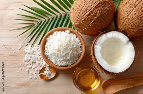 Coconut Flakes and Oil on Wooden Table