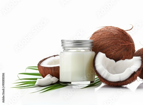 Coconut Oil and Fresh Coconut on White Background
