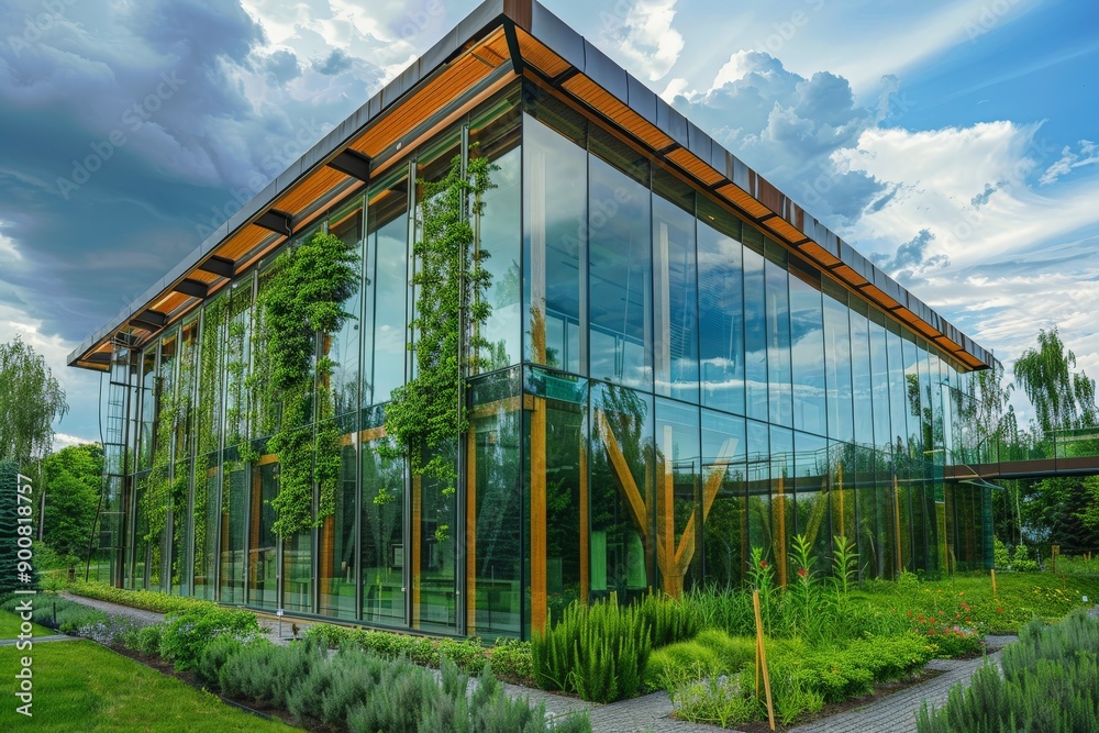 Fototapeta premium A contemporary glass building adorned with vertical greenery and set against a clear blue sky, portraying a synergy between modern architecture and nature.