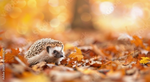 Hedgehog Among Autumn Leaves