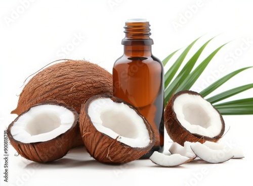 Coconut Oil and Fresh Coconut on White Background