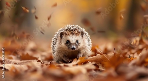 Hedgehog Among Autumn Leaves