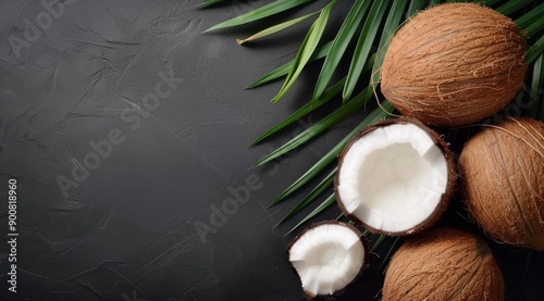Coconut Halves and Pieces on Palm Leaf