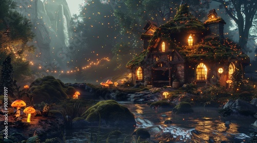 A lovely house with a moss-covered roof stands by a gently flowing creek, glowing under the light of numerous fireflies amidst a serene and enchanted nighttime forest.