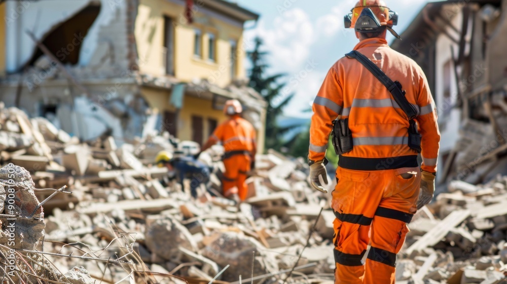 A man in an orange jumpsuit walks through rubble A man in an orange jumpsuit walks through rubble