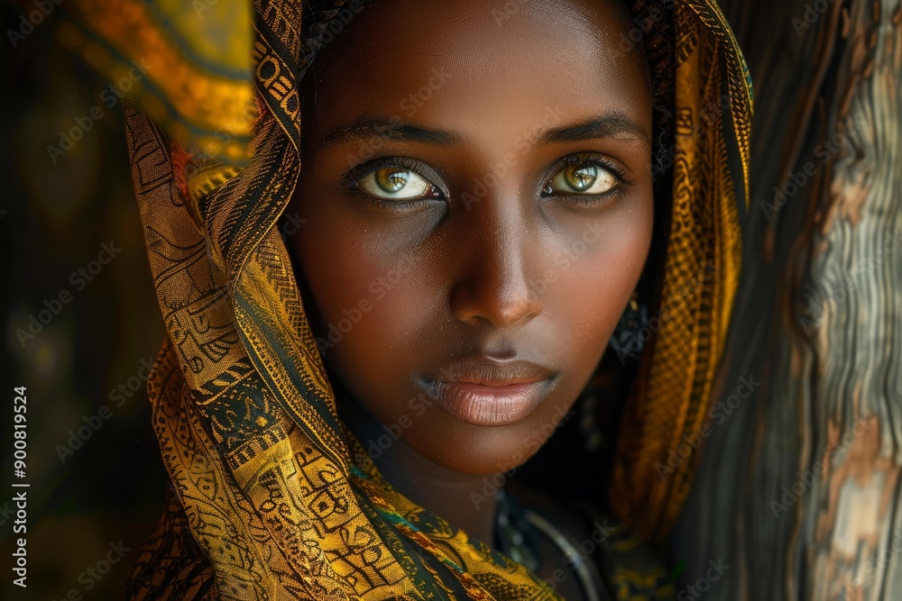 Closeup of a woman with captivating eyes, draped in a traditional patterned scarf Closeup of a woman with captivating eyes, draped in a traditional patterned scarf