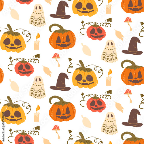 Halloween seamless pattern. All Hallows' Eve continuous background. Pumpkins, holiday ghosts, witch hats repeat surface cover. Vector hand drawn illustration.