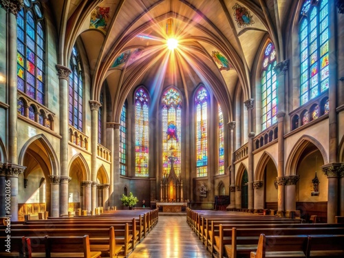 Stunning Interior of a Catholic Church With Vibrant Stained Glass Windows During a Sunny Day. Generative AI © Irina