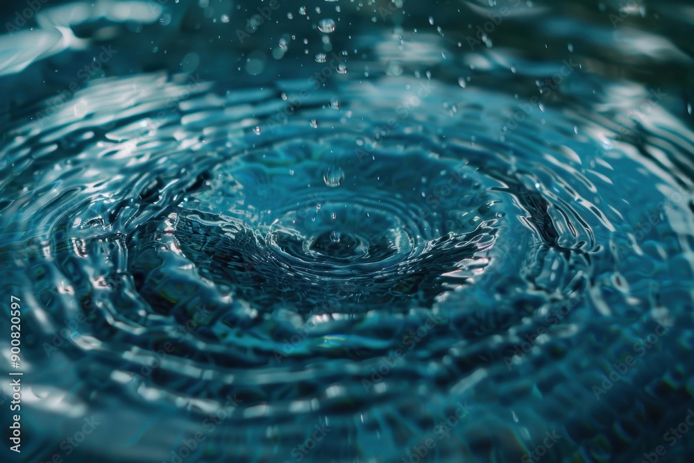 Close-up of a pristine water droplet falling into a pool, with ripples emanating in a tranquil, cool blue setting Close-up of a pristine water droplet falling into a pool, with ripples emanating in a tranquil, cool blue setting