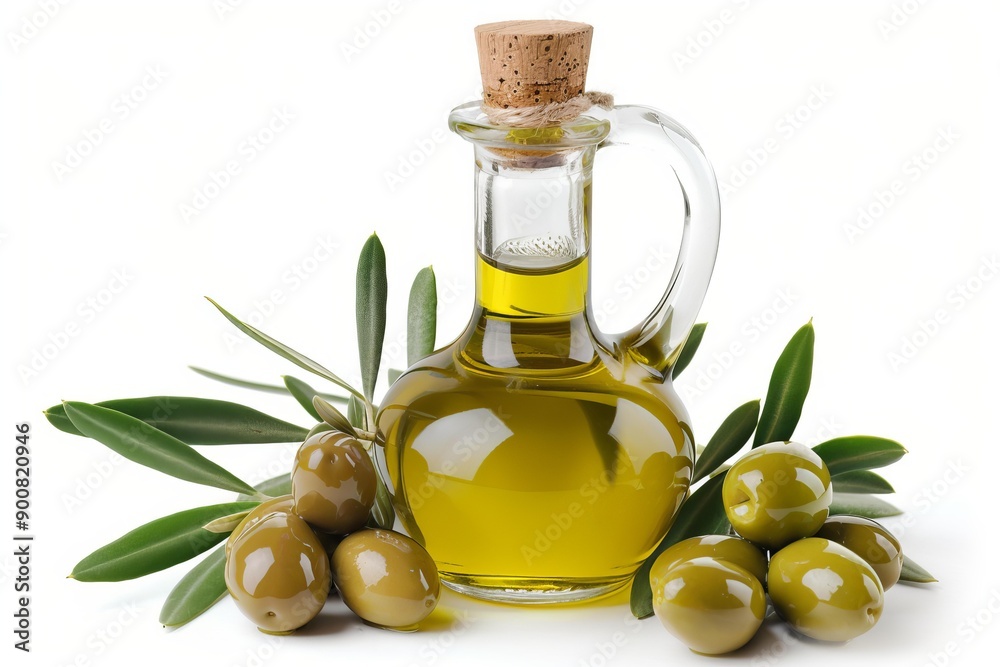 Φωτογραφία Glass bottle of olive oil with green olives and leaves isolated on a white backd