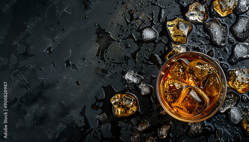 Cold whiskey in a glass with crushed ice on a black stone wet background, top view Cold whiskey in a glass with crushed ice on a black stone wet background, top view