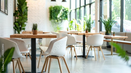 Charming cafe with modern decor  comfortable seating  and abundant greenery. A cozy atmosphere perfect for enjoying coffee and conversations with friends.
