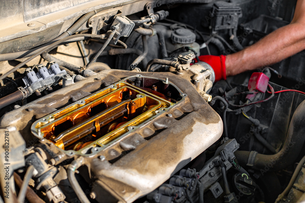 Car repair. A mechanic repairs a gas distribution mechanism by removing tubes Car repair. A mechanic repairs a gas distribution mechanism by removing tubes