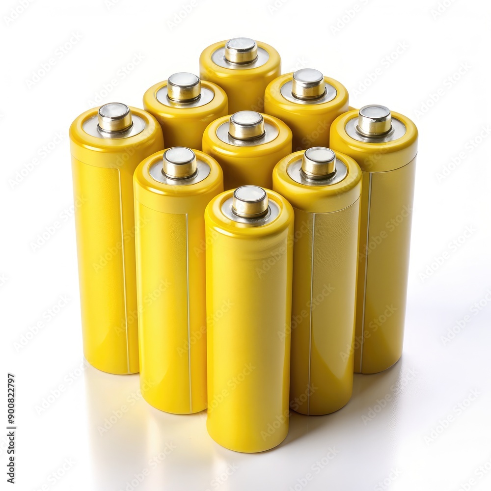 Yellow Alkaline Batteries Stacked Neatly on a White Background in Standard Scale Arrangement. Generative AI Yellow Alkaline Batteries Stacked Neatly on a White Background in Standard Scale Arrangement. Generative AI