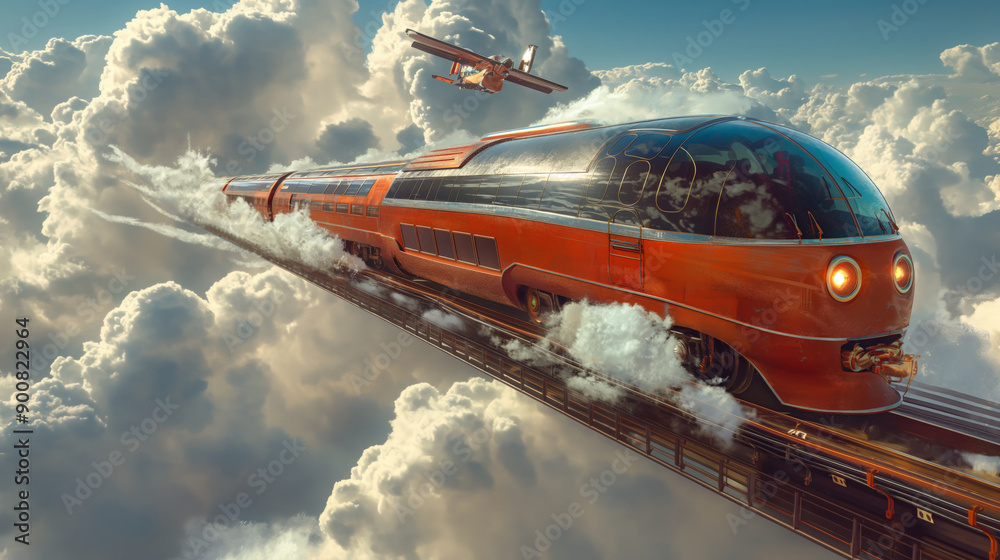 a powerful train chugging along sturdy tracks and a plane soaring high in the sky, capturing the strength and speed of both, a powerful train chugging along sturdy tracks and a plane soaring high in the sky, capturing the strength and speed of both,
