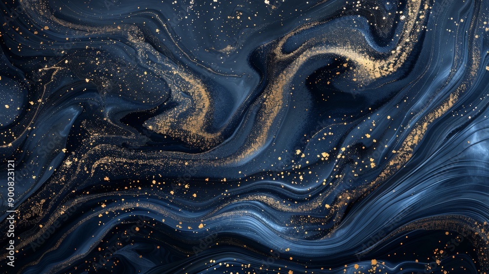 This artwork features fluid patterns of blue and gold reminiscent of a starry night sky, blending elements of cosmic beauty and abstract design in a harmonious composition. This artwork features fluid patterns of blue and gold reminiscent of a starry night sky, blending elements of cosmic beauty and abstract design in a harmonious composition.