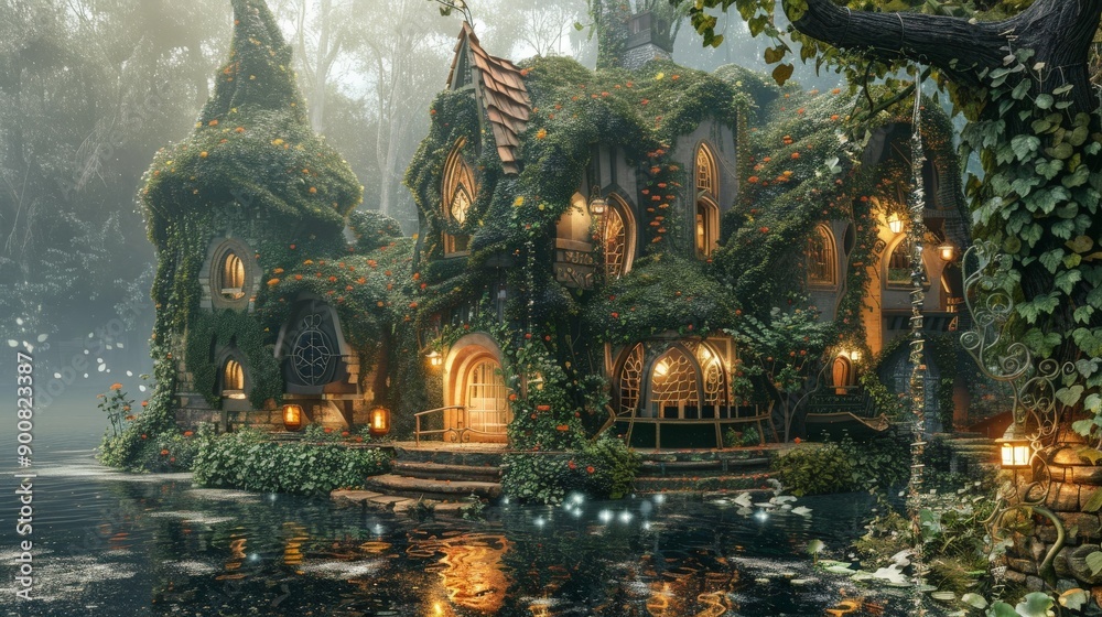 Fototapeta premium A beautifully ivy-covered cottage nestled by a calm forest lake, illuminated warmly from within, creating an atmosphere of peace and tranquility in a dreamscape forest.