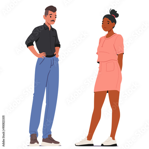 Man In A Black Shirt And Blue Pants Stands With Hands On Hips, Facing A Woman In Pink Dress. Characters In Casual Stance