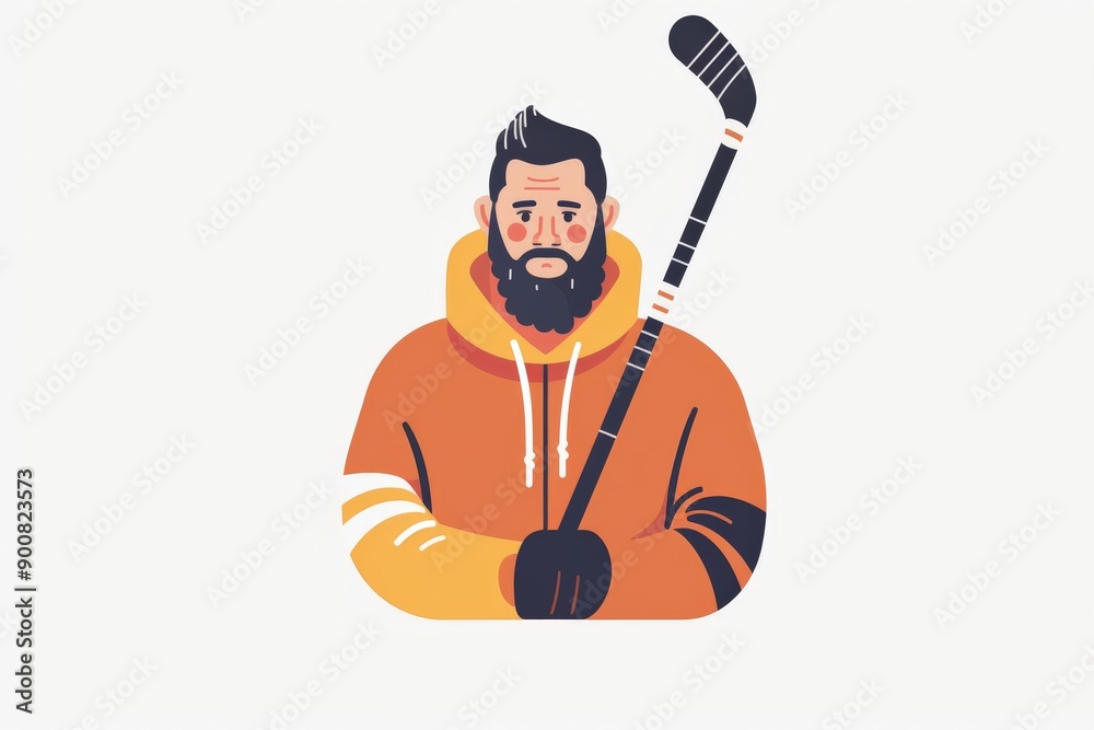Illustration of a hockey player with a beard, holding a hockey stick and wearing an orange hoodie. The player exudes a rugged and determined look, ready for action. Illustration of a hockey player with a beard, holding a hockey stick and wearing an orange hoodie. The player exudes a rugged and determined look, ready for action.