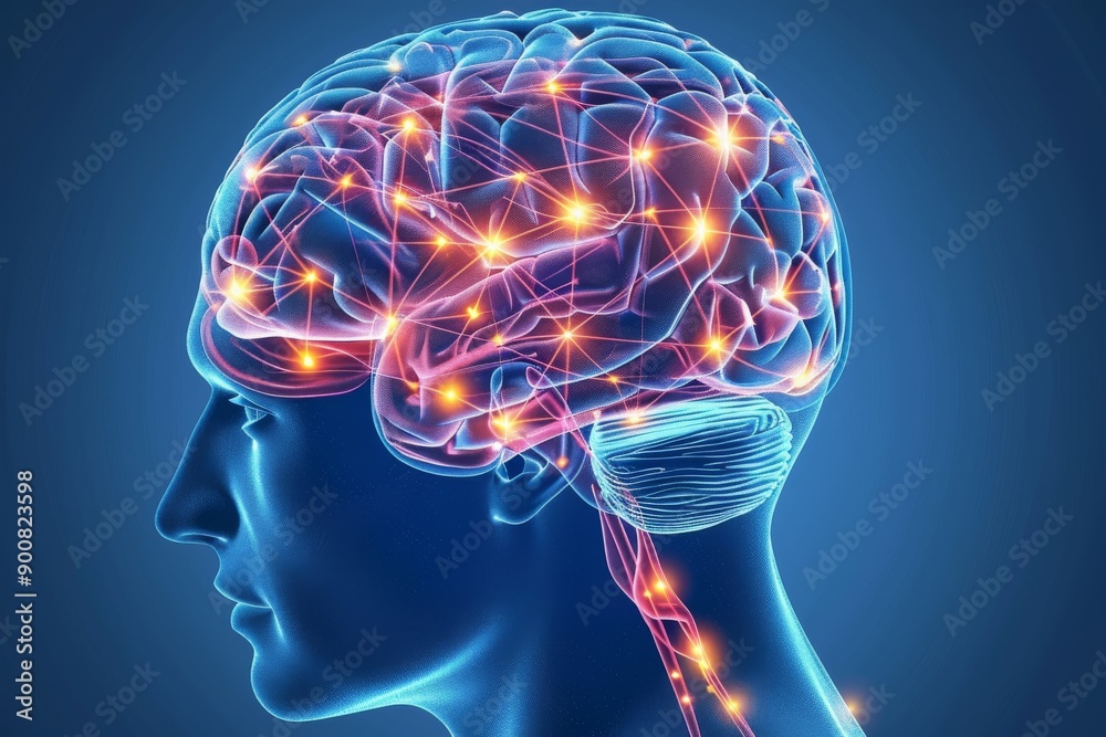 Blue wireframe brain with neural connections symbolizing cognitive science and data analysis Blue wireframe brain with neural connections symbolizing cognitive science and data analysis