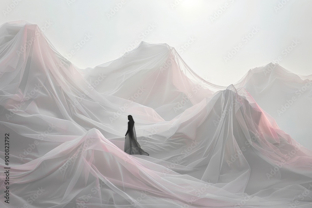 A figure gracefully explores a landscape of sheer, translucent mountains, blending minimalist and modern artistic elements in soft pastel tones, evoking a sense of ethereal wonder.